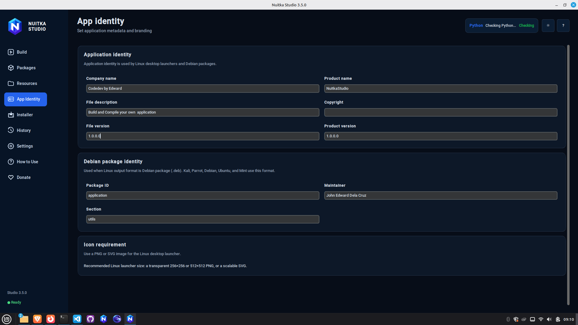 Nuitka Studio App Identity screen